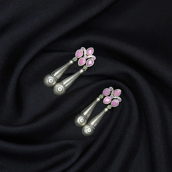 Graceful Oxidized Dangle Earrings with Pink Stone – Timeless Ethnic jewellery for Women - 6 X 3 cm