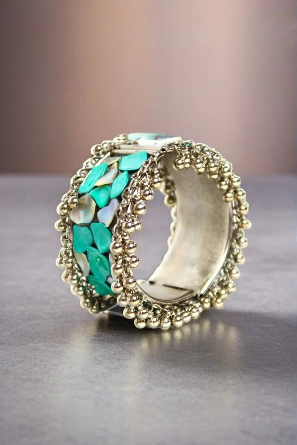 Adjustable Wide Cuff Bracelet – Light Blue and White Shell Inlay with Vintage Look - Light Blue