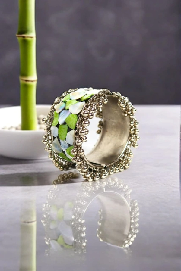 Adjustable Wide Cuff Bracelet – Light Green and White Shell Inlay with Vintage Look - Green
