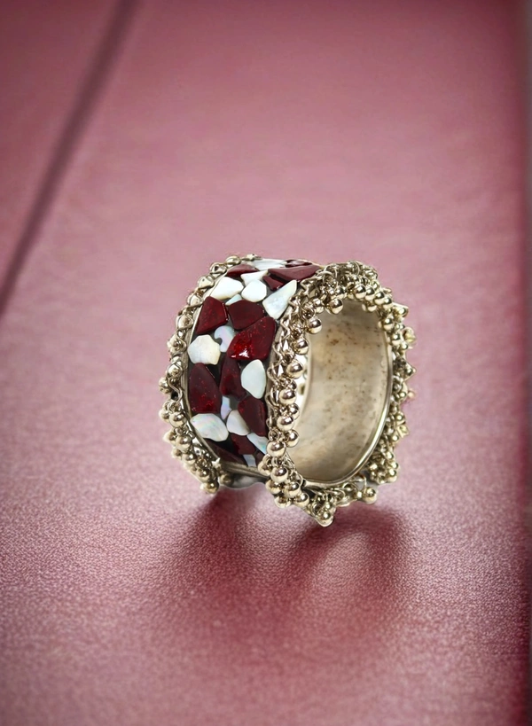 Adjustable Wide Cuff Bracelet – Red and White Shell Inlay with Vintage Look - Red