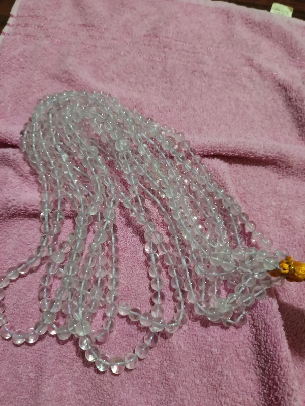 9mm CLEAR QUARTZ SPADIKA MALA 108+1 BEADS FIRST QUALITY - SLIGHTLY SMOKY
