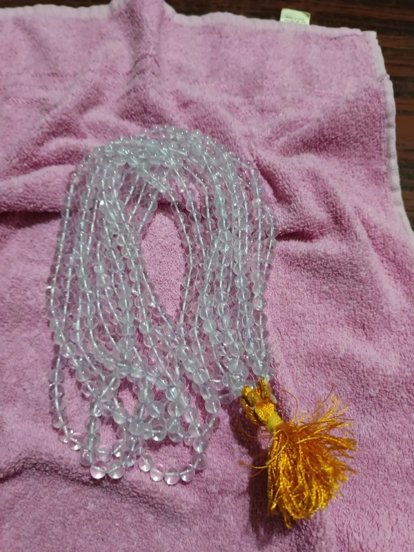 8mm CLEAR QUARTS SPADIKA MALA 108+1 BEADS  FIRST QUALITY - SLIGHTLY SMOKY