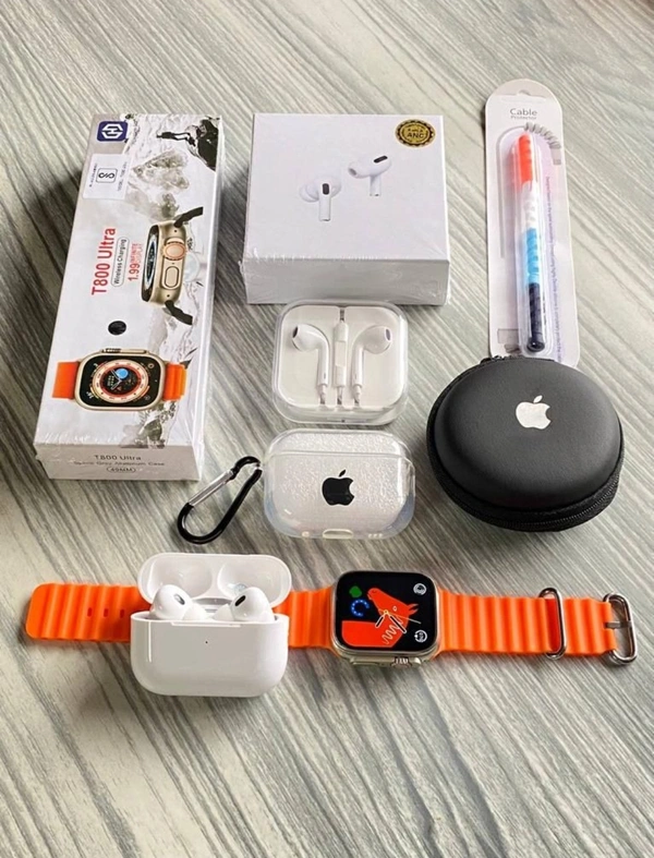 +!!_Top trending combo in houseTrending 6 in One ComboTotal 6 items in this comboJDI41!!Best GiftsFree Shipping1) Apple Watch Series 8 Ultra+ Occen Belt2) Airpods Pro 2 Tws3) Cover (For Airpods)4) Apple Aux Hf5) Apple Hf case6) cable ProtectorApple Watch Series 8 Ultra-Watch With Same Original Packaging-Full Screen + 3 Button Working-Crown Working-wirless charging-occen BeltAirpods - Black