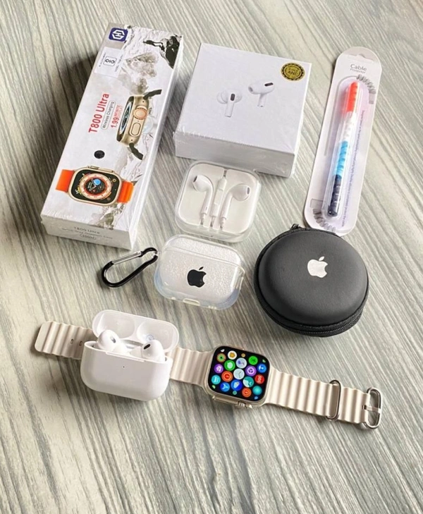 +!!_Top trending combo in houseTrending 6 in One ComboTotal 6 items in this comboJDI41!!Best GiftsFree Shipping1) Apple Watch Series 8 Ultra+ Occen Belt2) Airpods Pro 2 Tws3) Cover (For Airpods)4) Apple Aux Hf5) Apple Hf case6) cable ProtectorApple Watch Series 8 Ultra-Watch With Same Original Packaging-Full Screen + 3 Button Working-Crown Working-wirless charging-occen BeltAirpods - Black