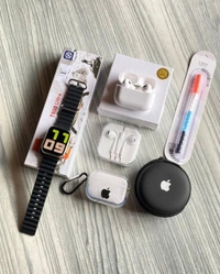 +!!_Top trending combo in houseTrending 6 in One ComboTotal 6 items in this comboJDI41!!Best GiftsFree Shipping1) Apple Watch Series 8 Ultra+ Occen Belt2) Airpods Pro 2 Tws3) Cover (For Airpods)4) Apple Aux Hf5) Apple Hf case6) cable ProtectorApple Watch Series 8 Ultra-Watch With Same Original Packaging-Full Screen + 3 Button Working-Crown Working-wirless charging-occen BeltAirpods - Black