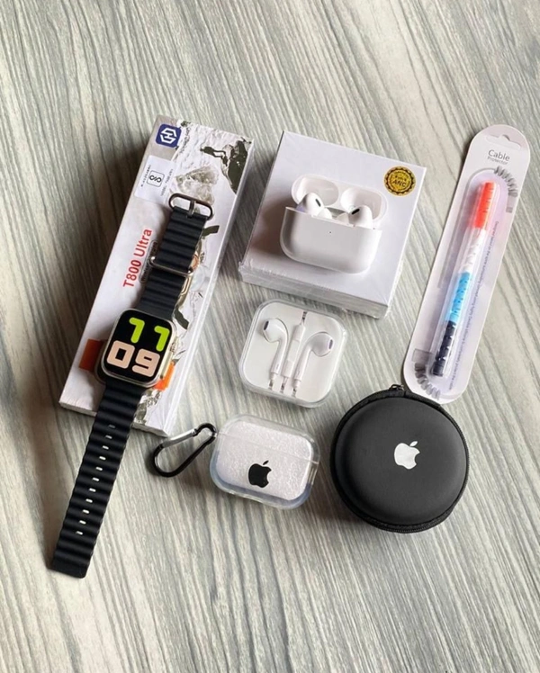 +!!_Top trending combo in houseTrending 6 in One ComboTotal 6 items in this comboJDI41!!Best GiftsFree Shipping1) Apple Watch Series 8 Ultra+ Occen Belt2) Airpods Pro 2 Tws3) Cover (For Airpods)4) Apple Aux Hf5) Apple Hf case6) cable ProtectorApple Watch Series 8 Ultra-Watch With Same Original Packaging-Full Screen + 3 Button Working-Crown Working-wirless charging-occen BeltAirpods - Black