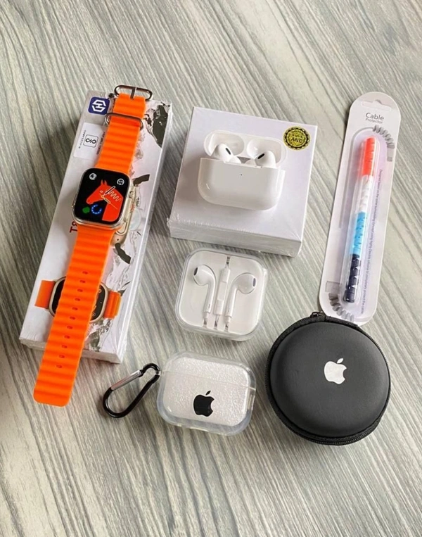 +!!_Top trending combo in houseTrending 6 in One ComboTotal 6 items in this comboJDI41!!Best GiftsFree Shipping1) Apple Watch Series 8 Ultra+ Occen Belt2) Airpods Pro 2 Tws3) Cover (For Airpods)4) Apple Aux Hf5) Apple Hf case6) cable ProtectorApple Watch Series 8 Ultra-Watch With Same Original Packaging-Full Screen + 3 Button Working-Crown Working-wirless charging-occen BeltAirpods - Black