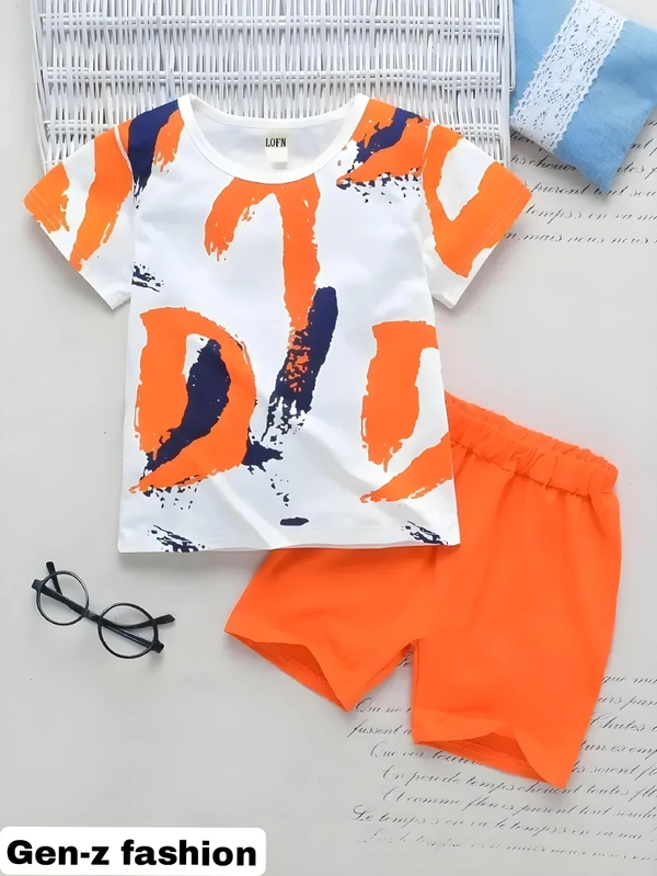 Cotton Tshirt And Half Pant by Gen-z Era  - International Orange, 0-6 mon