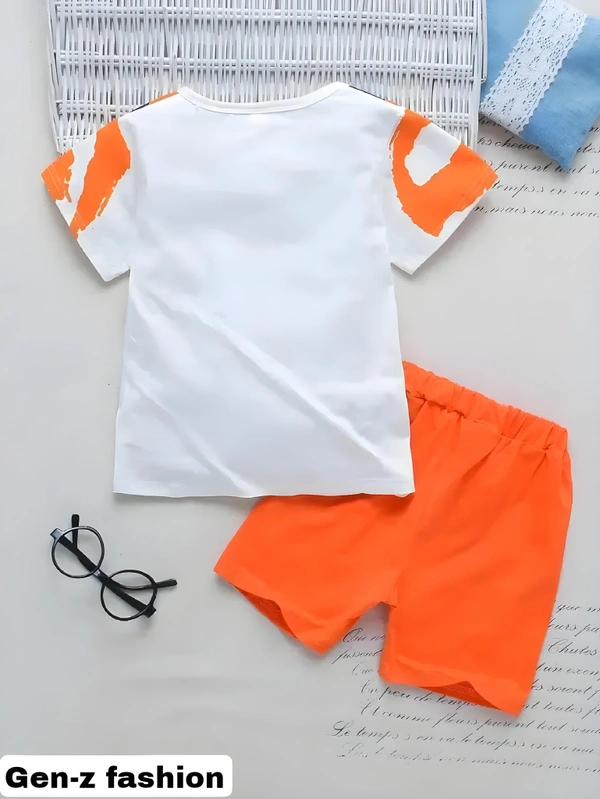 Cotton Tshirt And Half Pant by Gen-z Era  - International Orange, 0-6 mon