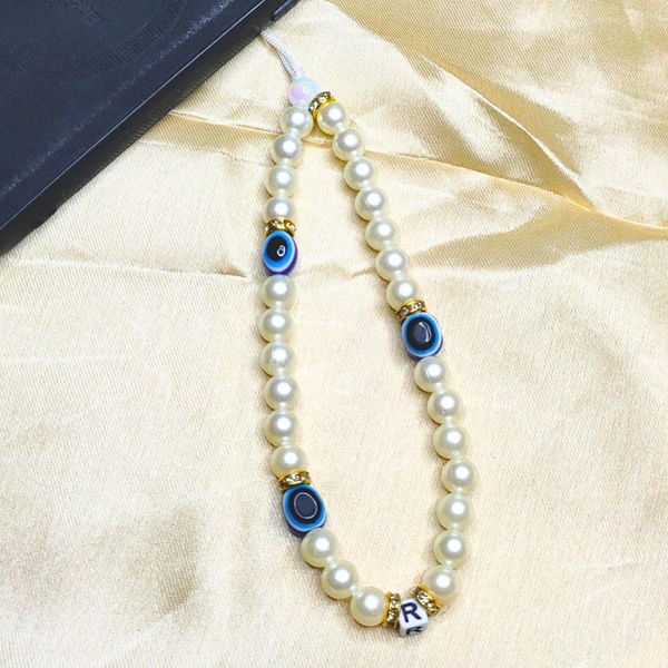 Customized Evil Eye Beaded Phone Charm, Off-White and Golden Beads, 3 Evil Eye Charms, Unique Accessory, Lightweight, Durable