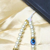Customized Evil Eye Beaded Phone Charm, Off-White and Golden Beads, 3 Evil Eye Charms, Unique Accessory, Lightweight, Durable
