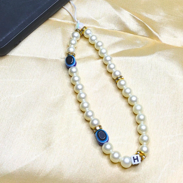 Customized Evil Eye Premium Quality Beaded Phone Charm, Off-White and Golden Beads, 2 Evil Eye Charms, Stylish Accessory, Lightweight, Durable