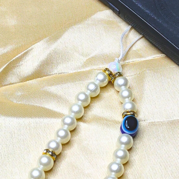 Customized Evil Eye Premium Quality Beaded Phone Charm, Off-White and Golden Beads, 2 Evil Eye Charms, Stylish Accessory, Lightweight, Durable