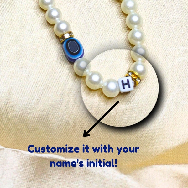 Customized Evil Eye Premium Quality Beaded Phone Charm, Off-White and Golden Beads, 2 Evil Eye Charms, Stylish Accessory, Lightweight, Durable