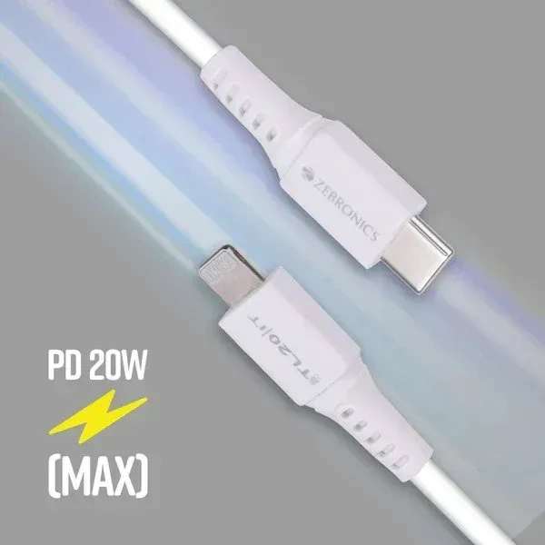 ZEBRONICS 20W Fast Charging 1m Type-C to Lightning Cable for iPhones, iPads & Other Lightning Devices, Rapid Charge & Sync, Durable & Tangle-Free Design, Zeb-TL20 , White