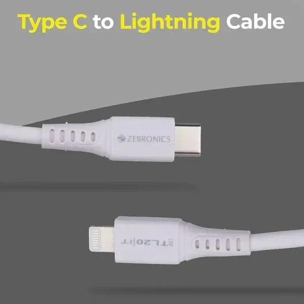 ZEBRONICS 20W Fast Charging 1m Type-C to Lightning Cable for iPhones, iPads & Other Lightning Devices, Rapid Charge & Sync, Durable & Tangle-Free Design, Zeb-TL20 , White
