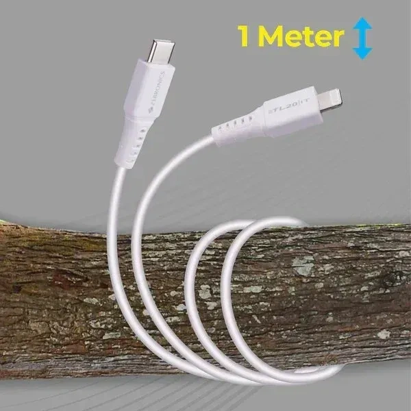 ZEBRONICS 20W Fast Charging 1m Type-C to Lightning Cable for iPhones, iPads & Other Lightning Devices, Rapid Charge & Sync, Durable & Tangle-Free Design, Zeb-TL20 , White