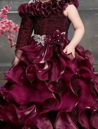 Tibbon Ministitch Velvet & Tissue Ruffled Embellished Designer Ball Gown  - Sangria, 7-8year,