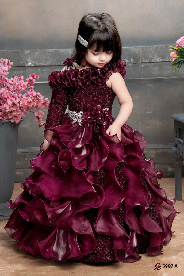 Tibbon Ministitch Velvet & Tissue Ruffled Embellished Designer Ball Gown  - Sangria, 1year