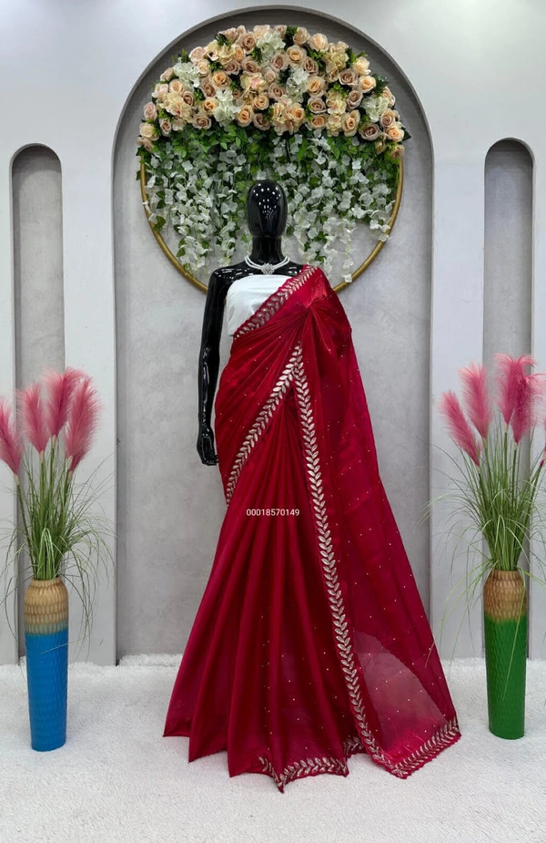 Sequins Embroidered Georgette Saree - Red, Free