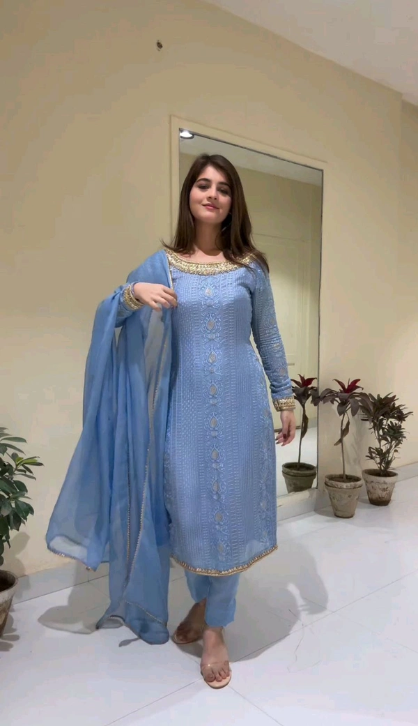 Trendy Jacquar UN-Stitched Salwar Suit With Banarasi Dupatta Color: Multicoloured FabricB - Cyan Aqua, L