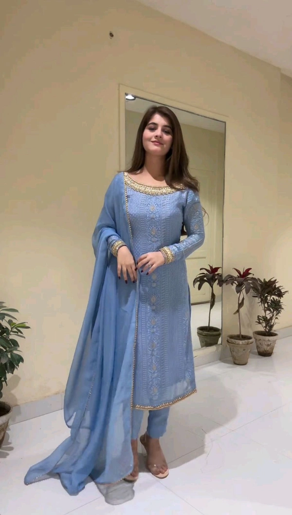 Trendy Jacquar UN-Stitched Salwar Suit With Banarasi Dupatta Color: Multicoloured FabricB - Cyan Aqua, L