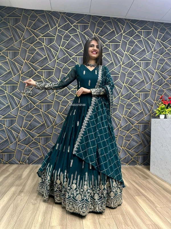 Fancy Georgette Kurta With Dupatta For Women - Teal, M