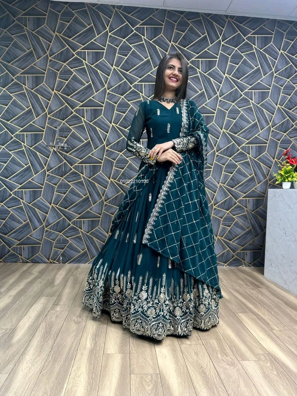Fancy Georgette Kurta With Dupatta For Women - Teal, L