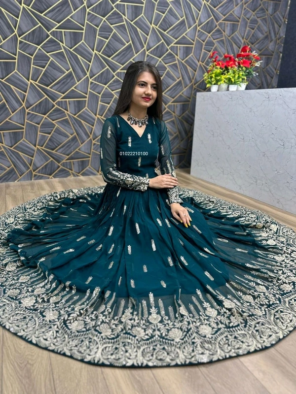 Fancy Georgette Kurta With Dupatta For Women - Teal, XL