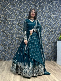 Fancy Georgette Kurta With Dupatta For Women - Teal, XL