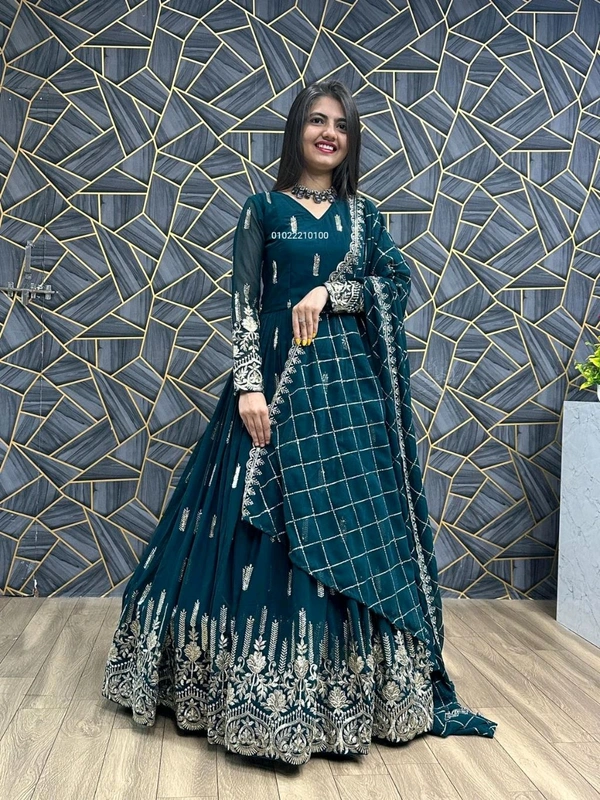Fancy Georgette Kurta With Dupatta For Women - Teal, XL