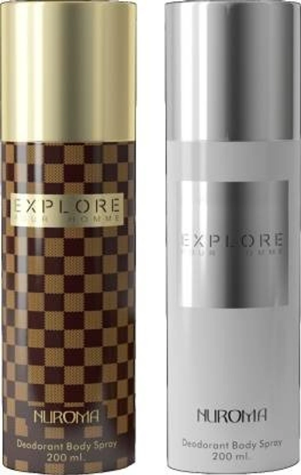 NUROMA EXPLORE POUR HOMME BROWN & EXPLORA POUR HOMME WHITE DEODORANT BODY SPRAY LONG LASTING 200ML+200ML PACK OF 2 PC Deodorant Spray - For Men & Women (400 ml, Pack of 2)