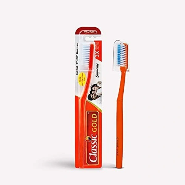 CLASSIC GOLD Classic Gold Supreme Medium Manual Toothbrush For Adults Pack Of 12 With Anti Bacterial Cap And Also Dupont Tynex Bristles