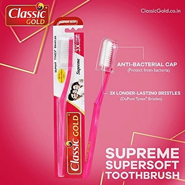 CLASSIC GOLD Classic Gold Supreme Super Soft Manual Toothbrush For Adults Pack Of 12 With New Anti Bacterial Crystal Clear Cap And Also Premium Dupont Bristles