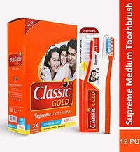 CLASSIC GOLD Classic Gold Supreme Medium Manual Toothbrush For Adults Pack Of 12 With Anti Bacterial Cap And Also Dupont Tynex Bristles