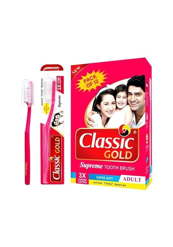 CLASSIC GOLD Classic Gold Supreme Super Soft Manual Toothbrush For Adults Pack Of 12 With New Anti Bacterial Crystal Clear Cap And Also Premium Dupont Bristles