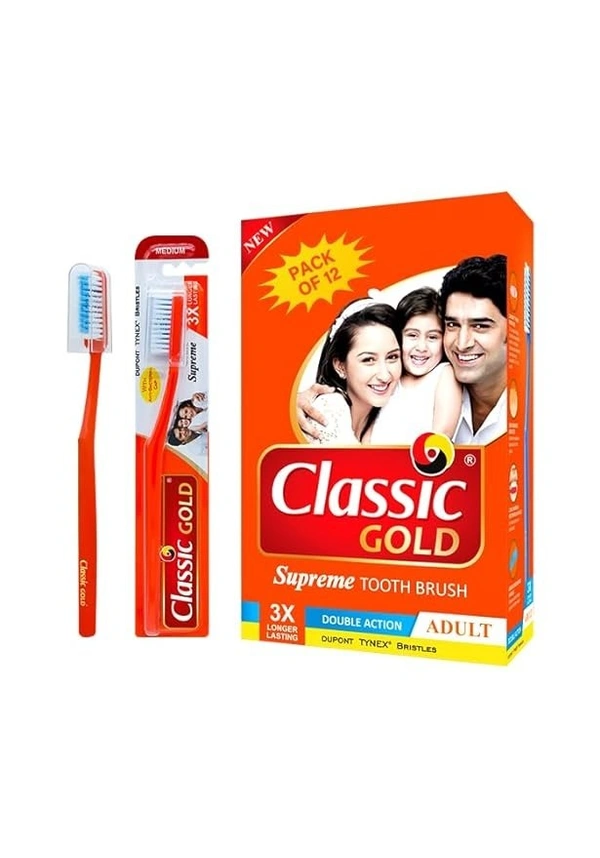 CLASSIC GOLD Classic Gold Supreme Medium Manual Toothbrush For Adults Pack Of 12 With Anti Bacterial Cap And Also Dupont Tynex Bristles