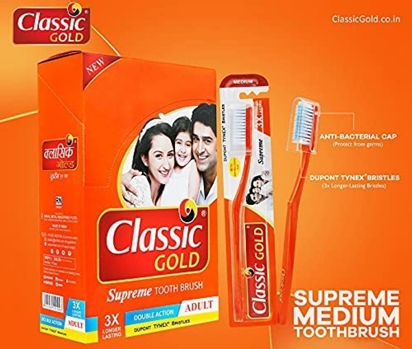 CLASSIC GOLD Classic Gold Supreme Medium Manual Toothbrush For Adults Pack Of 12 With Anti Bacterial Cap And Also Dupont Tynex Bristles