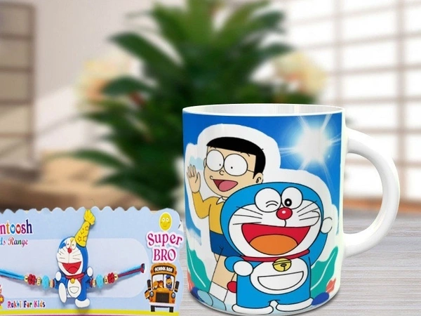 Peekalo Doremon Rakhi with Doremon Printed Ceramic Mug (Set of 2)