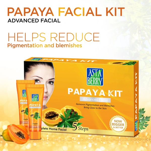 Asta Berry Papaya Kit 5-Step Facial | Exfoliate, Brighten, & Hydrate|Papaya Extract, Aloe Vera & Natural Oils|Smooth, Glowing Skin at Home | Suitable for All Skin Types.