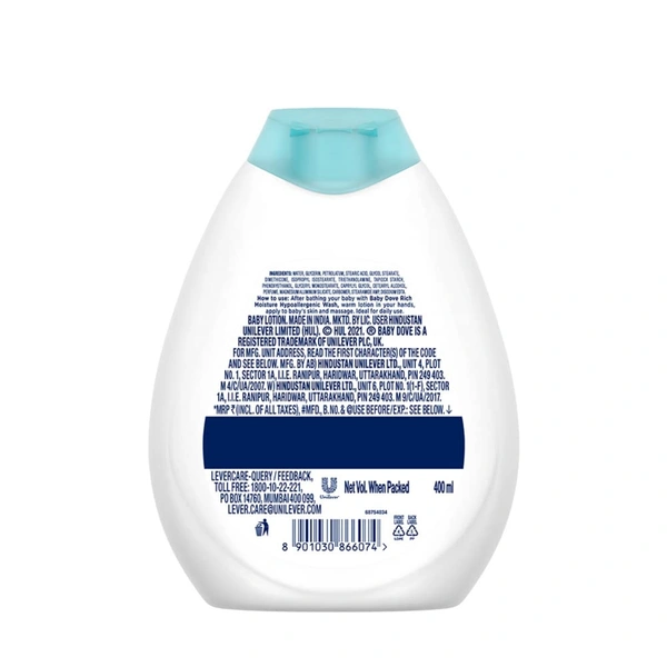 Dove Baby Dove Rich Moisture baby Lotion 400ml with 100% Skin-Natural Nutrients | Hydrating, Hypoallergenic, & Gentle for Newborn & Sensitive Skin | Paraben-Free