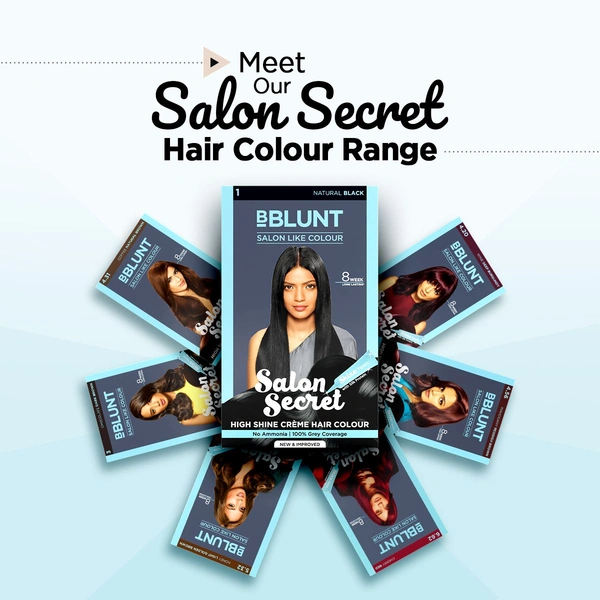 Bblunt Salon Secret High Shine Creme Hair Colour 100g| Naural Black | Ammonia-Free | Long-Lasting | Rich Color with Deep Nourishment & Glossy, Salon-Like Finish