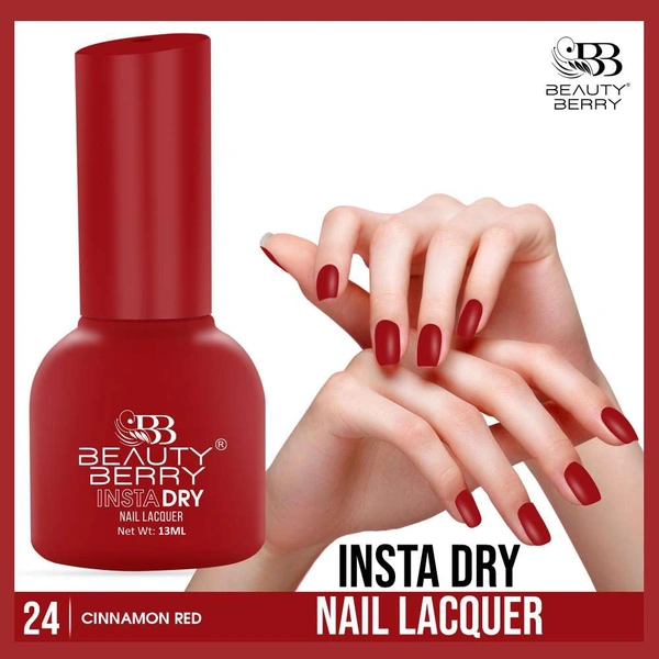 Beauty Berry Insta Dry Nail Lacquer Cinnamon Red 24 - 13ml | Quick-Dry & Long-Lasting | High Shine & Smooth Application | Warm Cinnamon Red Shade for Elegant Nails