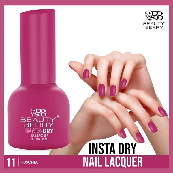 Beauty Berry Insta Dry Nail Lacquer Fuschia 11 - 13ml | Quick-Dry & Long-Lasting | High Shine & Smooth Application | Bold Fuchsia Shade for Vibrant Nails