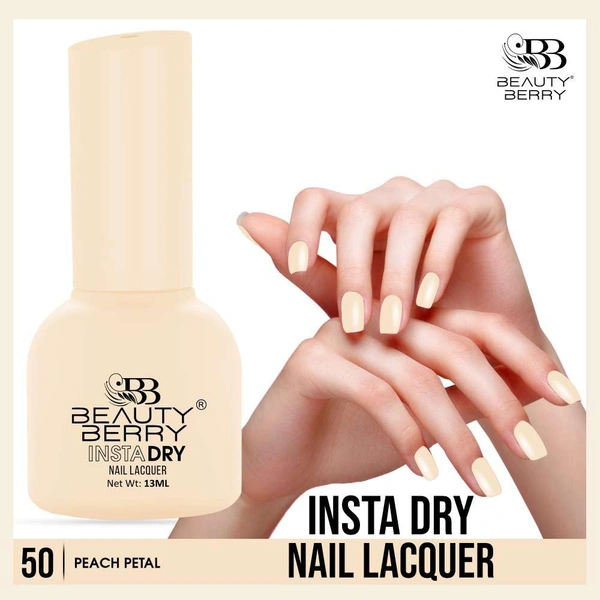 Beauty Berry Insta Dry Nail Lacquer Peach Petal 50 - 13ml | Quick-Dry & Long-Lasting | High Shine & Smooth Application | Soft Peach Shade for Elegant Nails