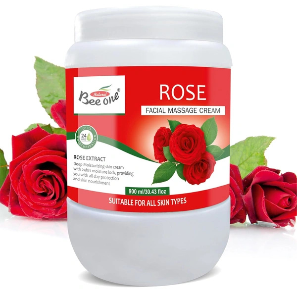 Bee One Rose Facial Massage Cream 900ml | Enriched with Rose Extracts for Deep Moisturizing, Soothing & 24H Hydration | Softens, Nourishes & Rejuvenates Skin | Paraben-Free & Vegan