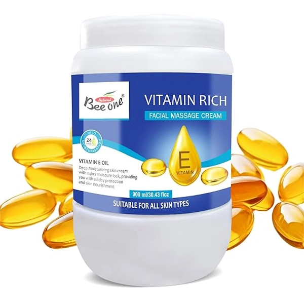 Bee One Vitamin Rich Facial Massage Cream 900ml | Enriched with Vitamin E Extracts for Deep Moisturizing, Brightening & 24H Hydration | Softens, Nourishes & Rejuvenates Skin | Paraben-Free & Vegan