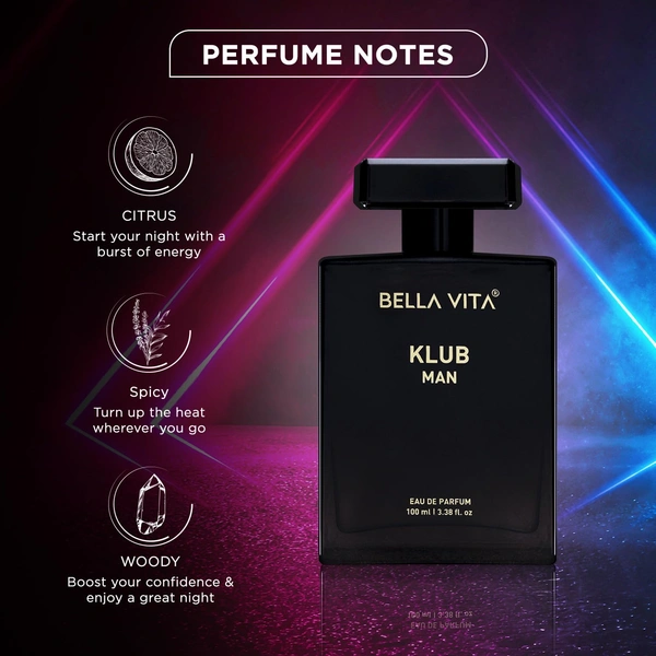 Bella Vita Luxury KLUB Man Eau De Parfum Perfume for Men with Lemon, Rose and Vanilla|Musky and Spicy Long Lasting Premium EDP Fragrance Scent, 100Ml