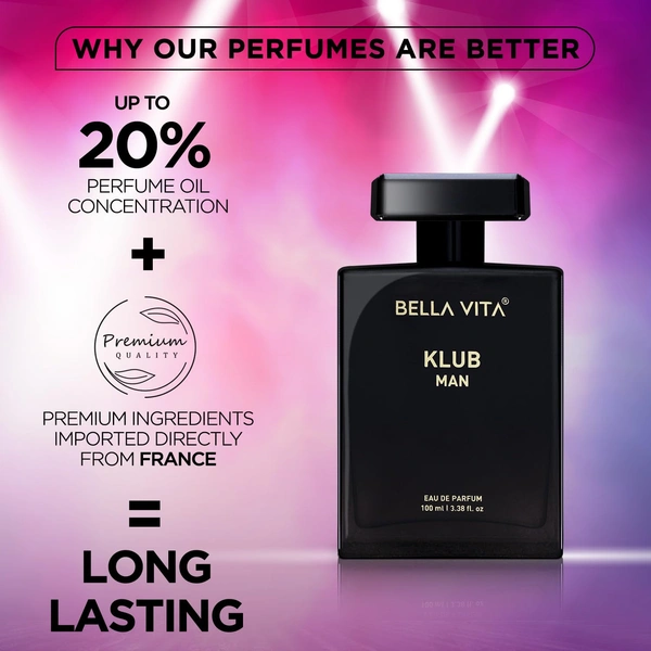 Bella Vita Luxury KLUB Man Eau De Parfum Perfume for Men with Lemon, Rose and Vanilla|Musky and Spicy Long Lasting Premium EDP Fragrance Scent, 100Ml