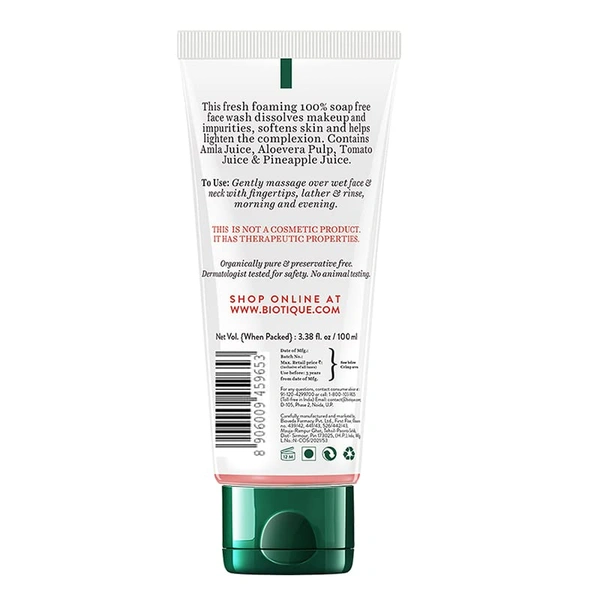 Biotique Fruit Brightening Face Wash 100ml | 100% Pure & Natural Botanicals |Ayurvedic Extract |Daily facial cleanser | For Radiant Skin | Brightening & Refreshing Face Wash | Suitable for All Skin Types